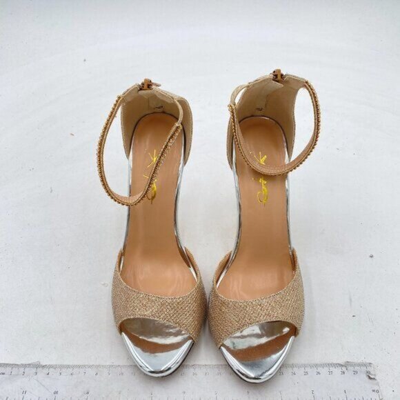 XYD Beige Glitter Open Toe Rhinestones Ankle Strap Sandals High Heel Bridal Shoe - Picture 3 of 8